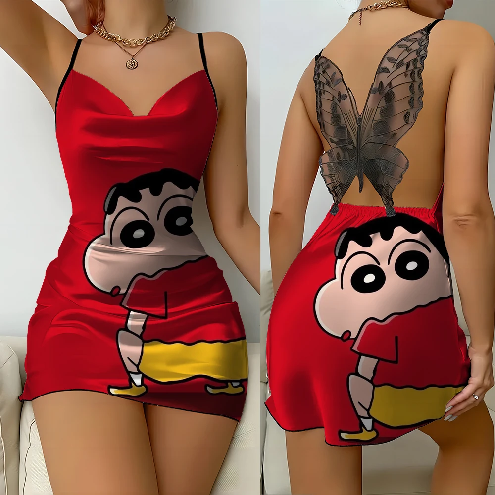 Krayon motif kartun Anime Crayon shin-chan rok suspender punggung terbuka renda kupu-kupu seksi santai dan nyaman