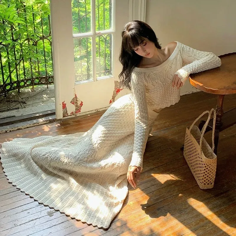 

New Elegant Knit 2 Piece Set for Women Korean Fashion Off Shoulder Crop Top + Hollow Out Maxi Skirt Women Bohemia Matching Sets
