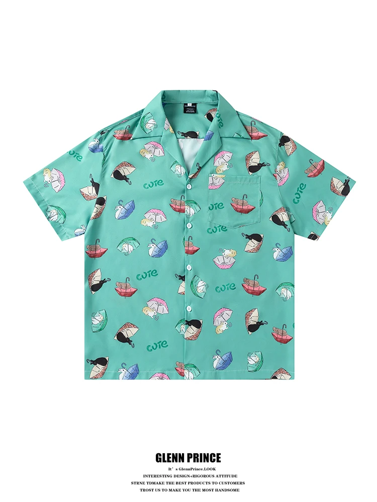 

GPstudio Japanese Style Creative Umbrella Print Cuban Collar Short Sleeve Ice Silk Half Shirt Men's Summer Trendy Brand Polye...