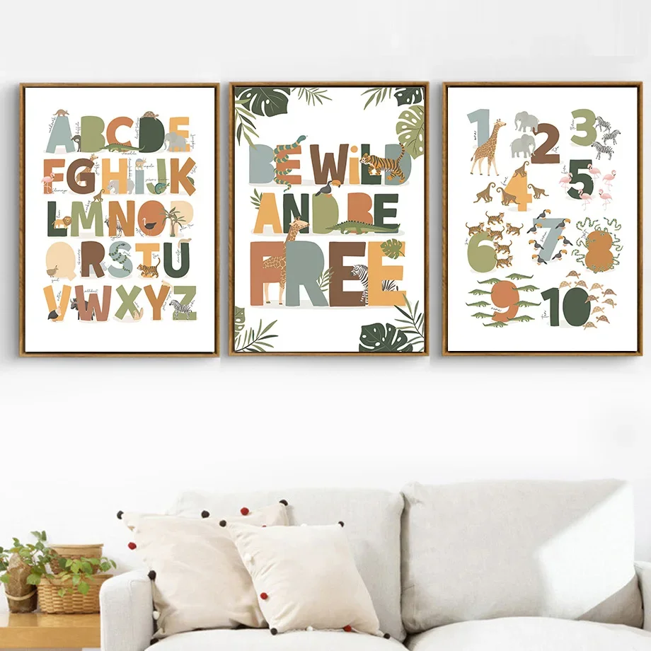 Giraffe Lion Alphabet Number Jungle Animal Nursery Nordic Posters Prints Wall Art Canvas Painting Pictures Baby Kids Room Decor