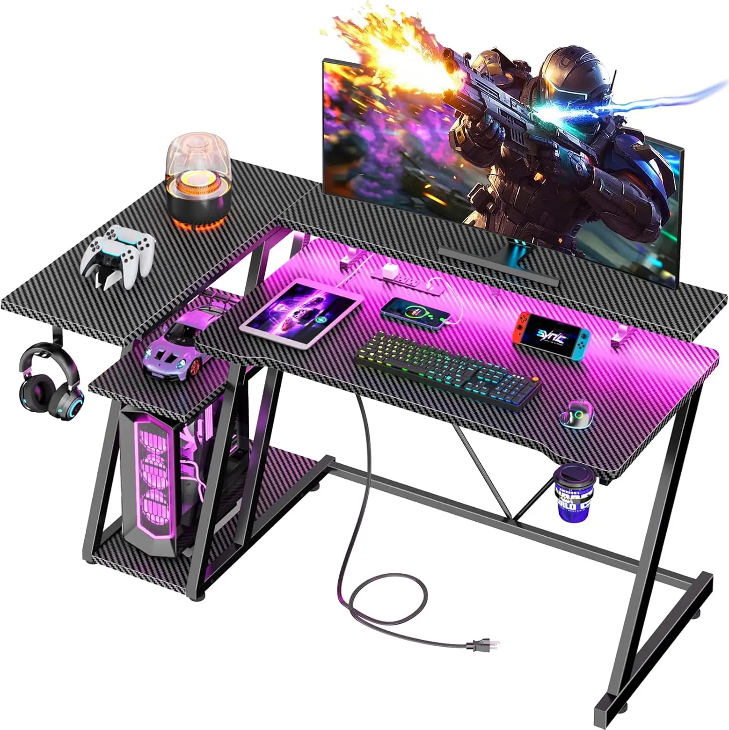 

47 Inch Gaming Desk with Power Outlet & LED Lights, Corner Computer Desk with 3 Tiers Storage Shelves, Home Office Desk