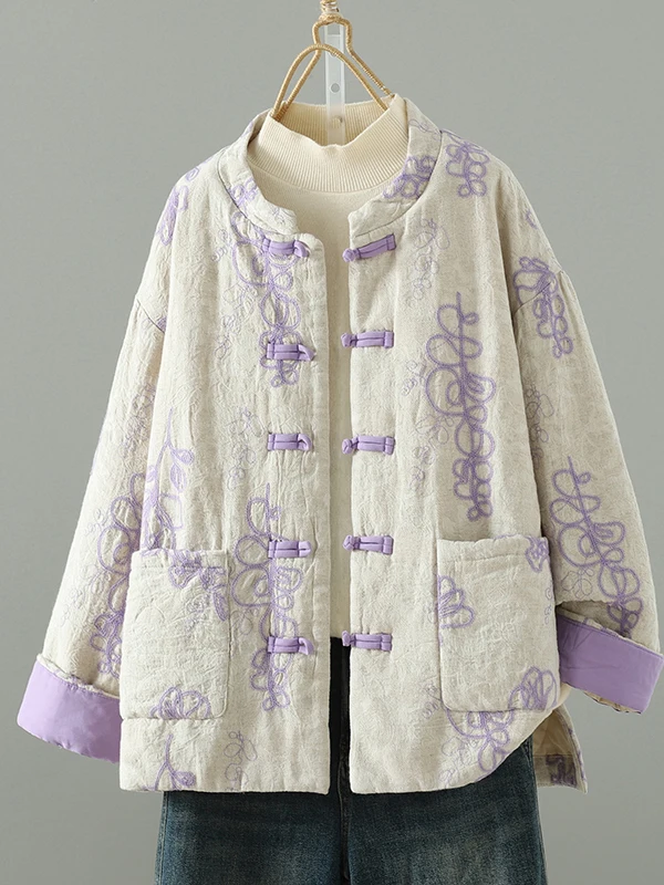 Authentic New Chinese Sle National Print Cotton Jaet Autumn Winter Thiened Long Sve Stand Collar Single Button Coat