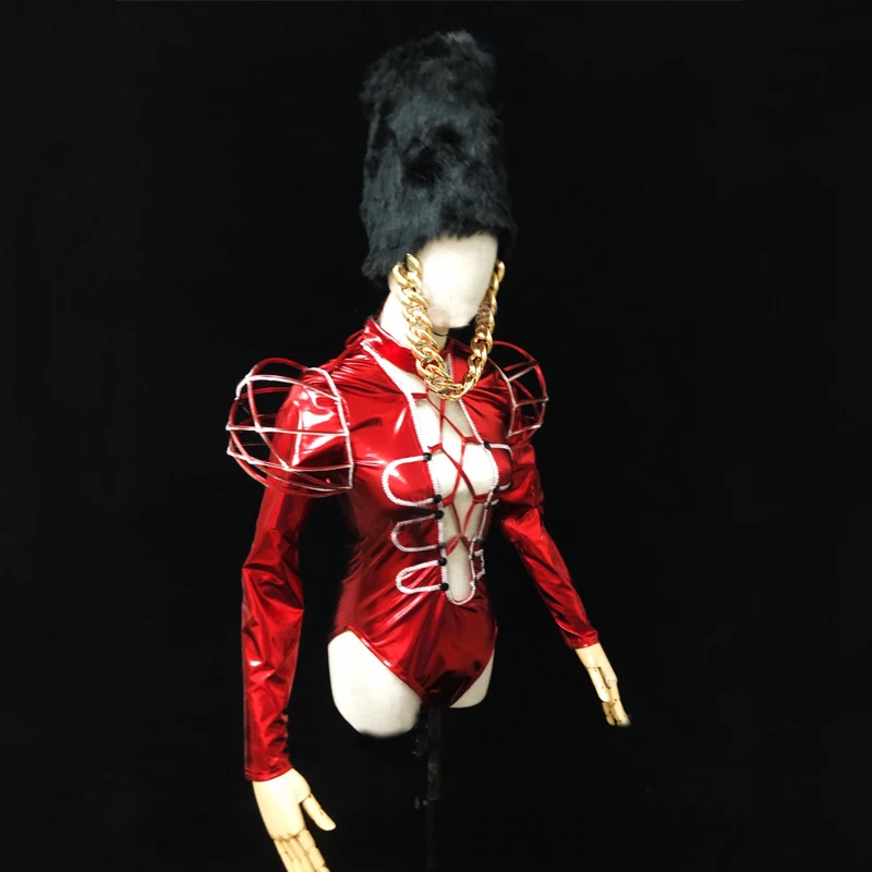 Nightclub Dj Ds Pole Dance Clothing Gogo Dancer Costume Red Patent Leather Cutout Bodysuit Black Plush Hat Stage Outfit XS4182