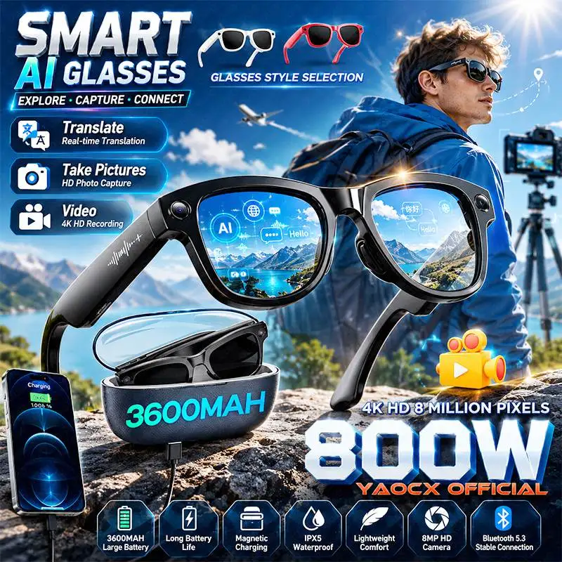 Lentes Inteligentes M02 Ultra con IA, Cámara de 8MP, Grabación de Fotos y Vídeos, Traducción en Tiempo Real, Música Bluetooth, Llamadas, Estuche de Carga de 3600MAH