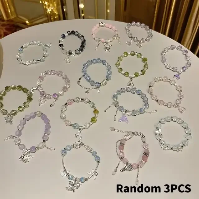 3pcs Set of Stylish and Elegant Women's Glass Bead Bracelet Set, Featuring Sparkling Cracked Beads Paired with Floral, Butterfly