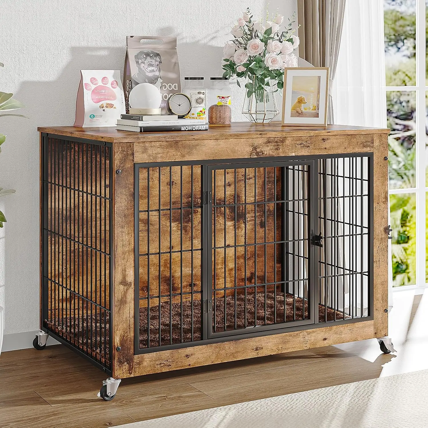 

32 Inch Dog Crate Furniture with Cushion, Wooden Double Doors Dog Kennel Indoor with Wheels, Pet House Decorative Side