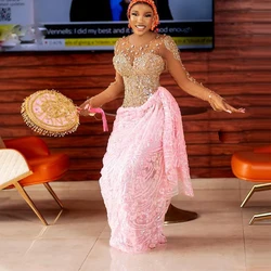 Luxury Pink Lace Prom Dresses Cyrstals Beaded Sheer Neck Long Sleeves Evening Gowns African Women Formal Occasion Party Dress