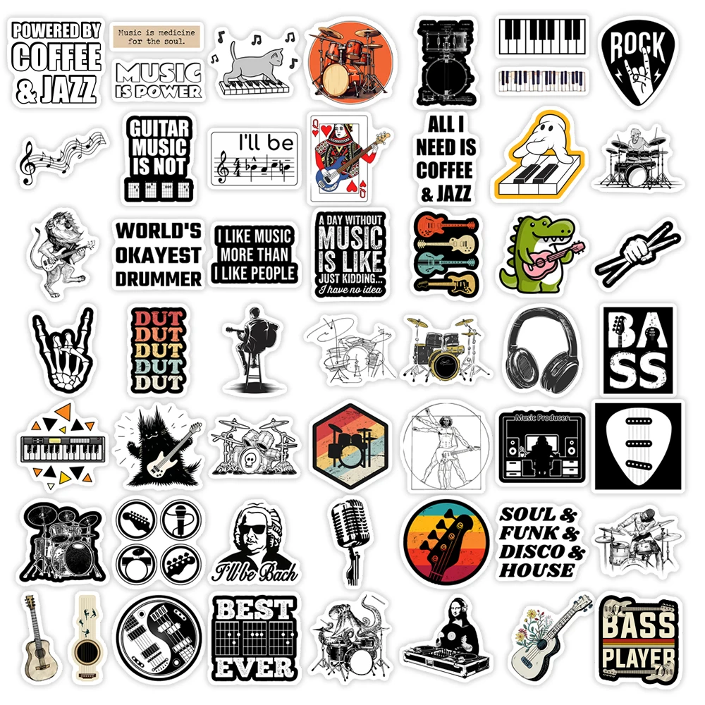 Music Band Stickers Guitar Bass Drum Jazz Rock DIY Toy Gift Waterproof Decal for Laptops Phones Bottles Luggage Decorative