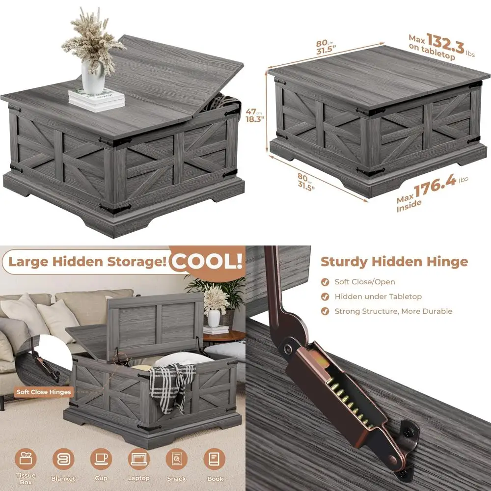 Rustic Farmhouse Coffee Table with Lift Top Storage, Large Square Wood Center Table for Living Room, Soft Close Mechanism