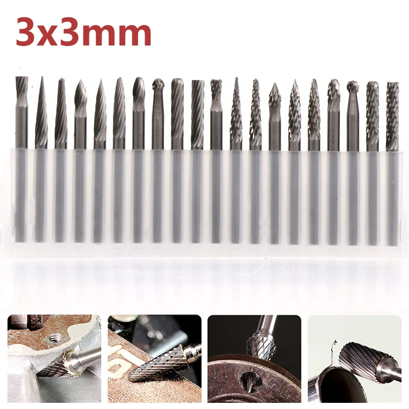 

3mm Shank 3mm Tungsten Steel Grinding Head Milling Cutter Single/Double Rotary File Burrs Wood Root Carving Tools 1/10/20Pcs