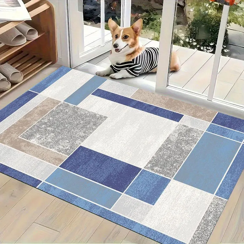 Modern minimalist geometric floor rug, blue grey white patchwork entrance mat for living room porch decor