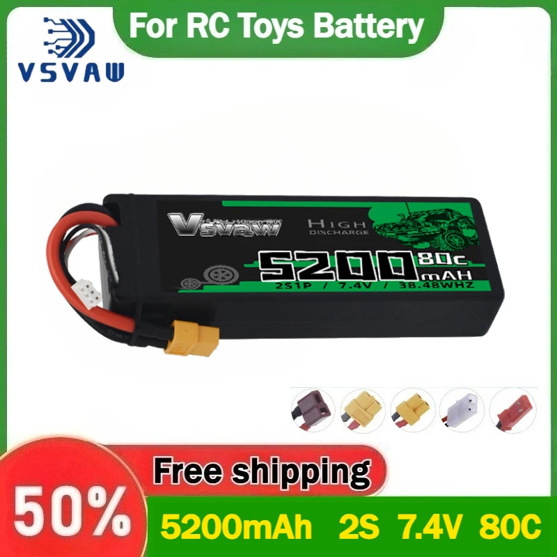 

Аккумулятор LiPo VSVAW 5200 мАч 2S 7.4В 80C в жестком корпусе с разъемами XT60 XT90 EC5 TRX для радиоуправляемых машин, грузовиков, танков, багги, трюки-багги, запчасти для радиоуправляемых гонок