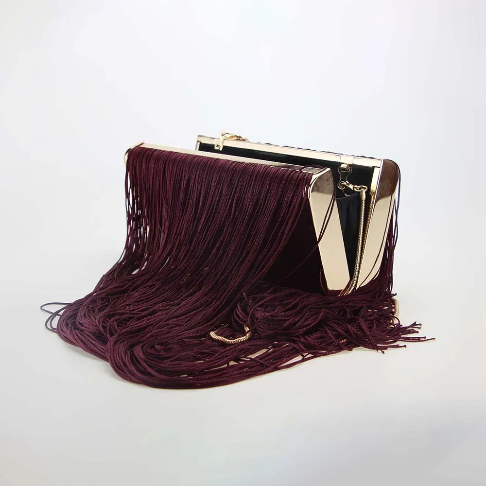 Clutch Purses for Women Tassel Evening Bag with Chain Lady Vintage Luxury Burgundy Clutch Handbag for Wedding Party Prom