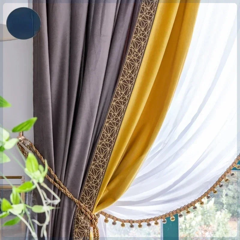 Custom Size American Flannel Splicing Blackout Curtain Tulle Finished Product for Living Room Bedroom Floor-to-ceiling Windows