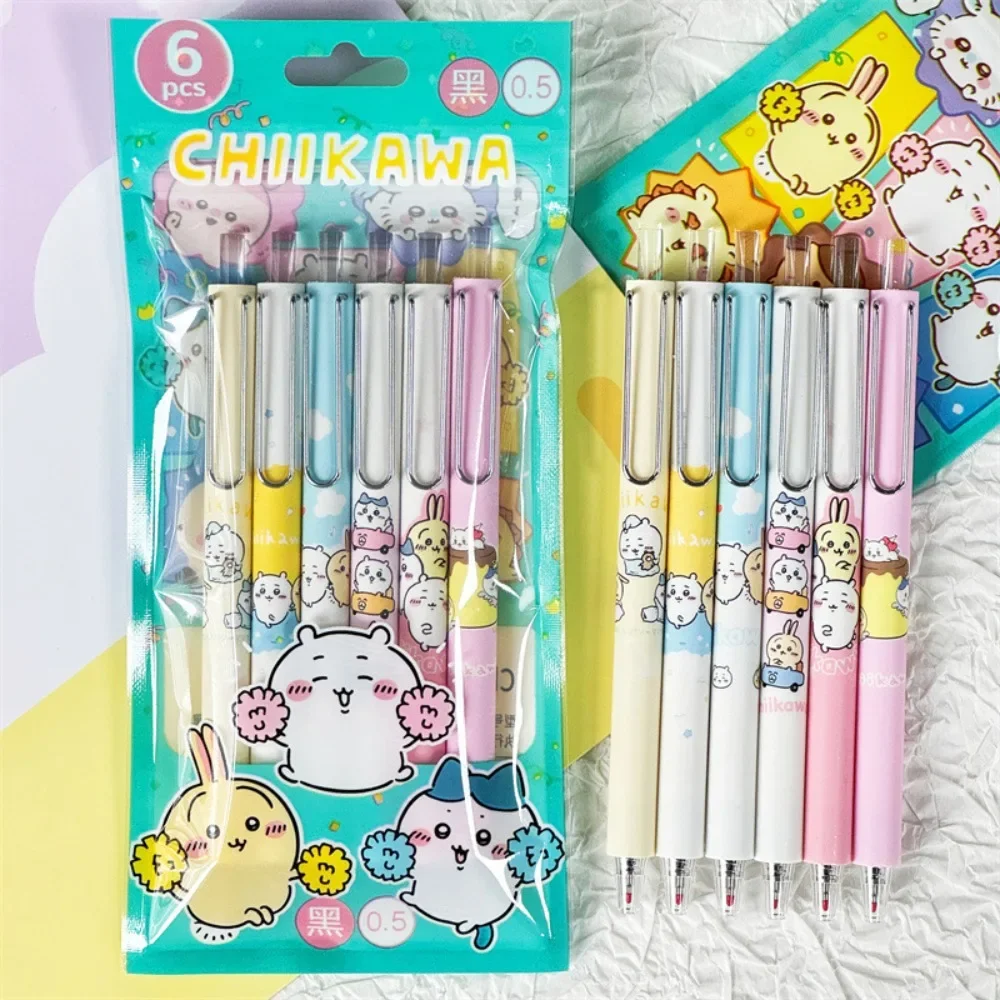 6pcs/box Kawaii Cute Anime Peripheral Chiikawa Cartoon Pupil Diary Examination Profile Gel Pen Study Stationery Festivals Gift