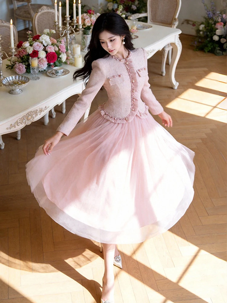 Klassische Damenkleidung Rosa Gefälschtes 2-Teiliges Perlen-O-Ausschnitt Slim A-Linien-Kleid Elegantes Arbeitskleid Party Geburtstag Vestido Robe Femme Frühling Neu