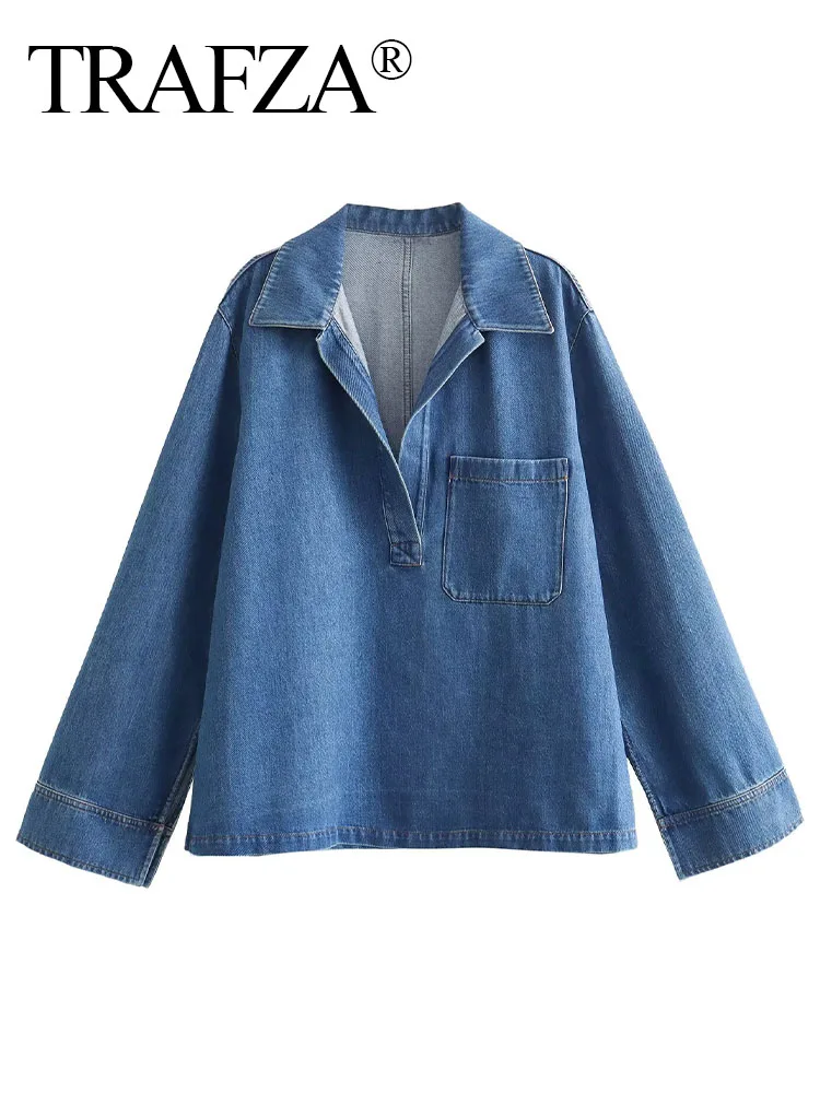 TRAFZA Women Autumn Fashion Coat Vintage Lapel Pocket Decorate Long Sleeve Top Split Hem Women's Solid Pullover Denim Top Mujer