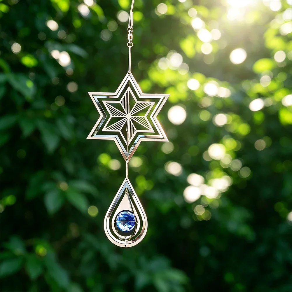 Hexagram Snowflake Wind Spinner Suncatcher Crystal Ball Drop Tail Stabilizer Flowing-Light Effect Wind Sculpture Christmas Decor