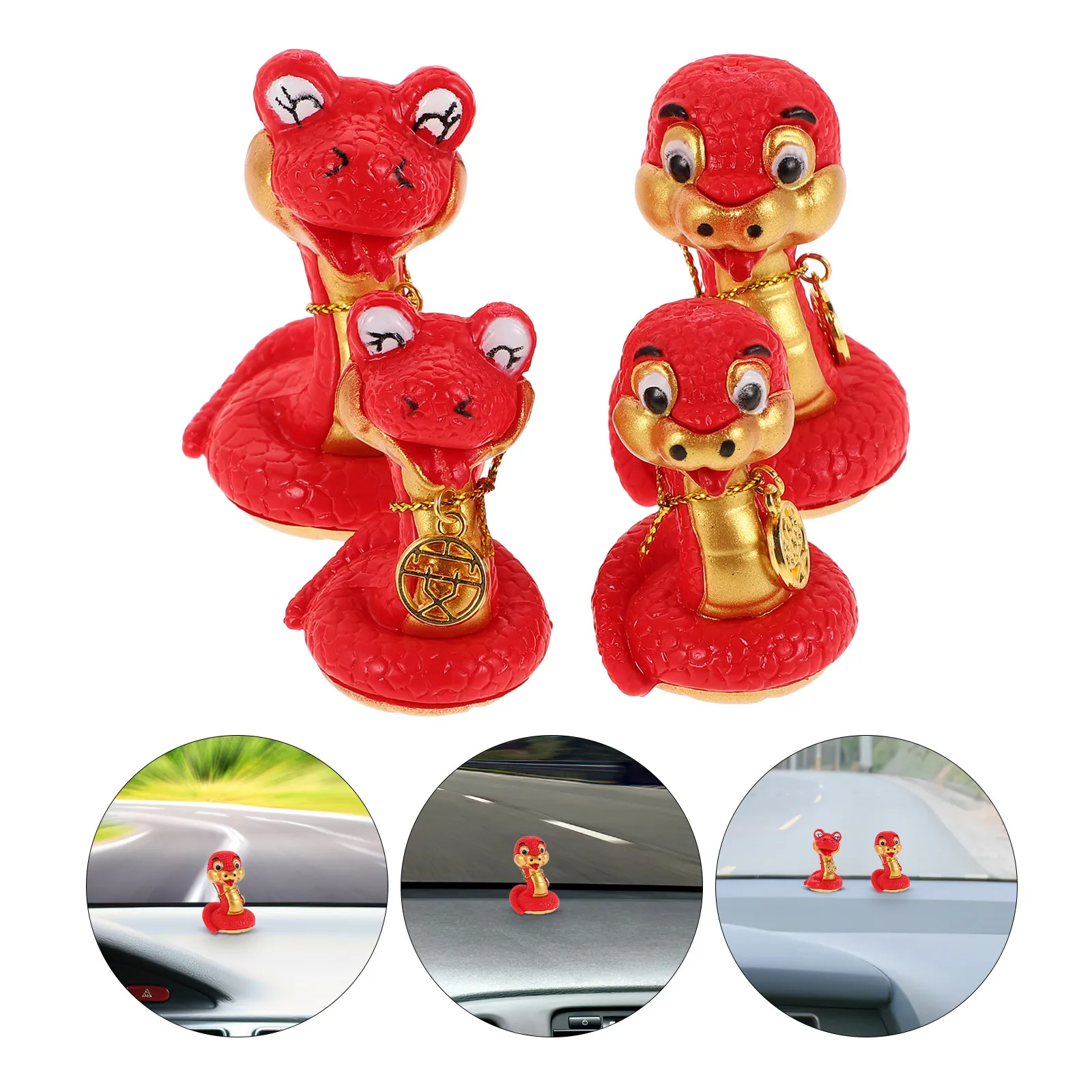 Chinese Zodiac Snake Figurines for Collectors Seeking Space-Saving Decor, 4-Piece 2025 Red Resin Set for Home, Car and Cakes