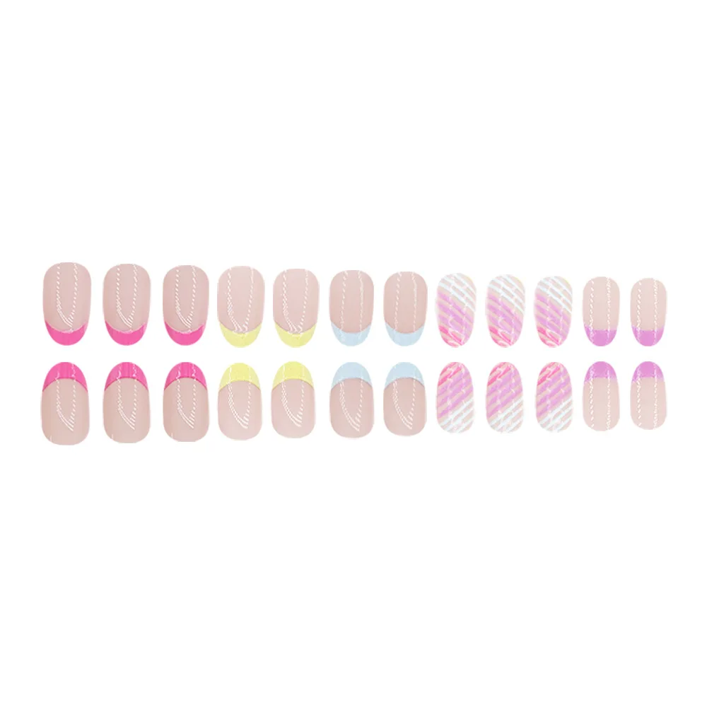 24 pièces presse sur ongles rayures autocollants français pour ongles pointes d'ongles simples courtes rondes printemps été faux ongles avec Design 2025