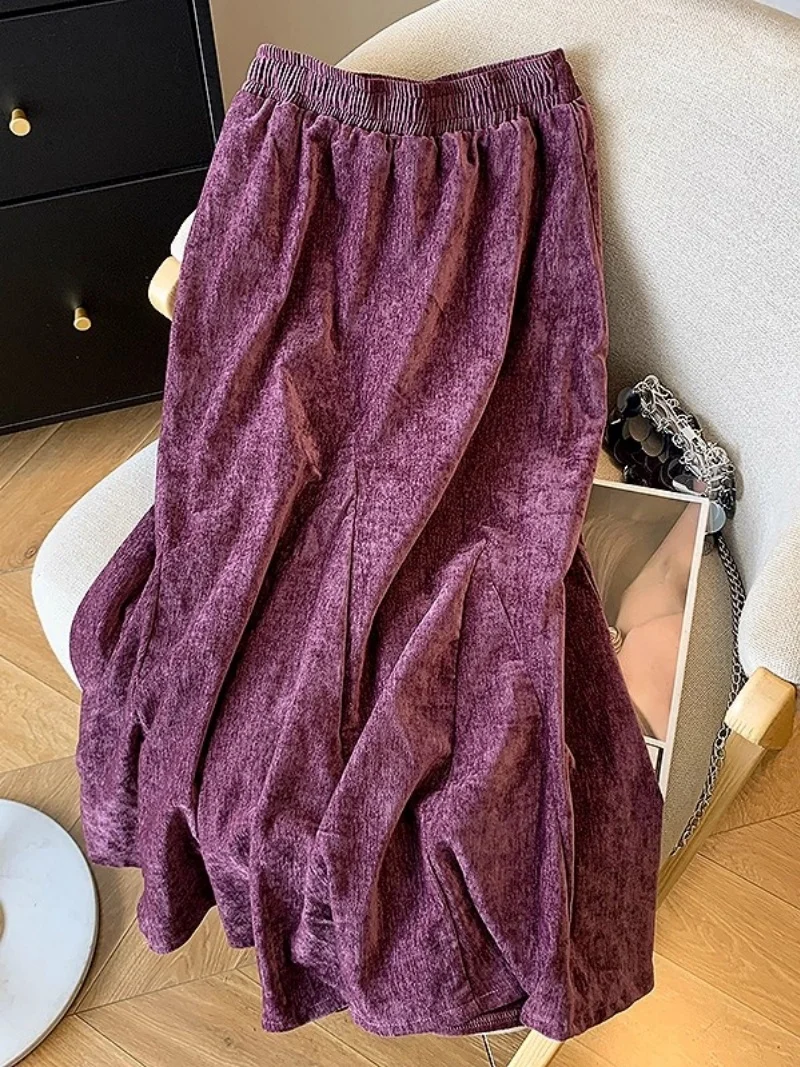 三次元花紫コーデュロイスカート女性のための秋ハイウエスト多用途 A ラインベルベット傘スカートトレンディ W1355