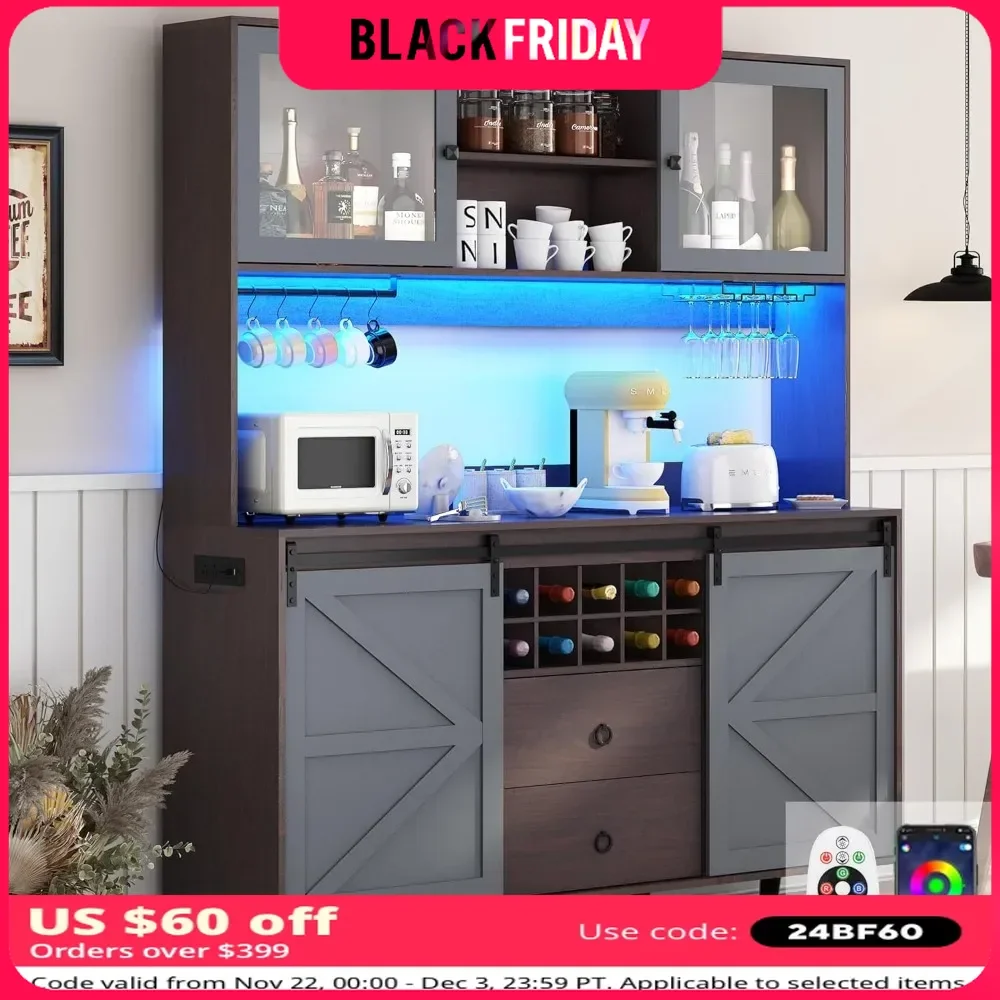 Kitchen Cabinet with Outlet & 6000-color LED Light, Sliding Barn Door and 8 Adjustable Shelves, Display Cabinet