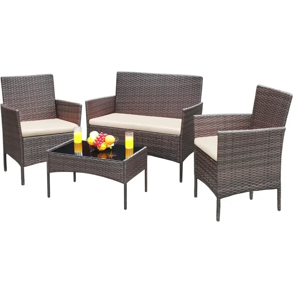 Buiten Sofa Set Van 4 Met Zacht Kussen En Glazen Tafel, Terrasmeubilair 4 Stuks Conversatieset, Outdoor Rieten Rotan Stoelen