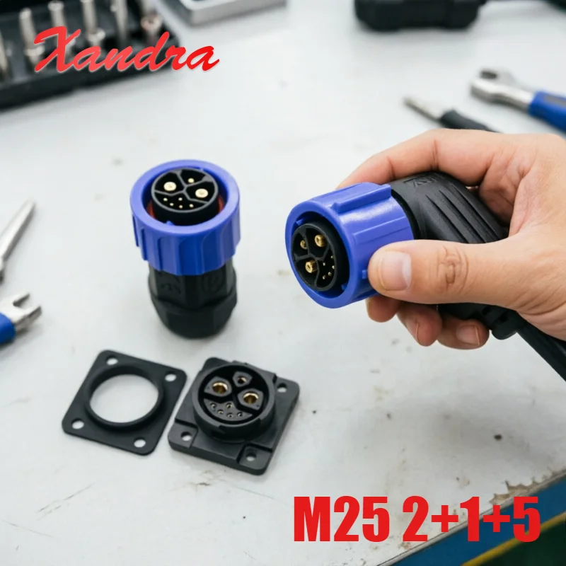 50A M25 2+1+5 Lithium Battery Charing Plug Socket Adapter Waterproof Self-locking Aviation Plug Energy Storage Power Connector