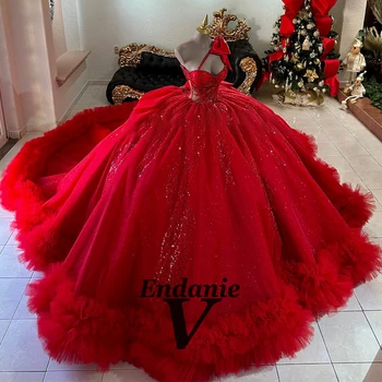 Vendanie Charming Lace Appliques Quinceanera Dress for Girls Illusion Spaghetti Straps Robe Quinceanera Rouge Customized