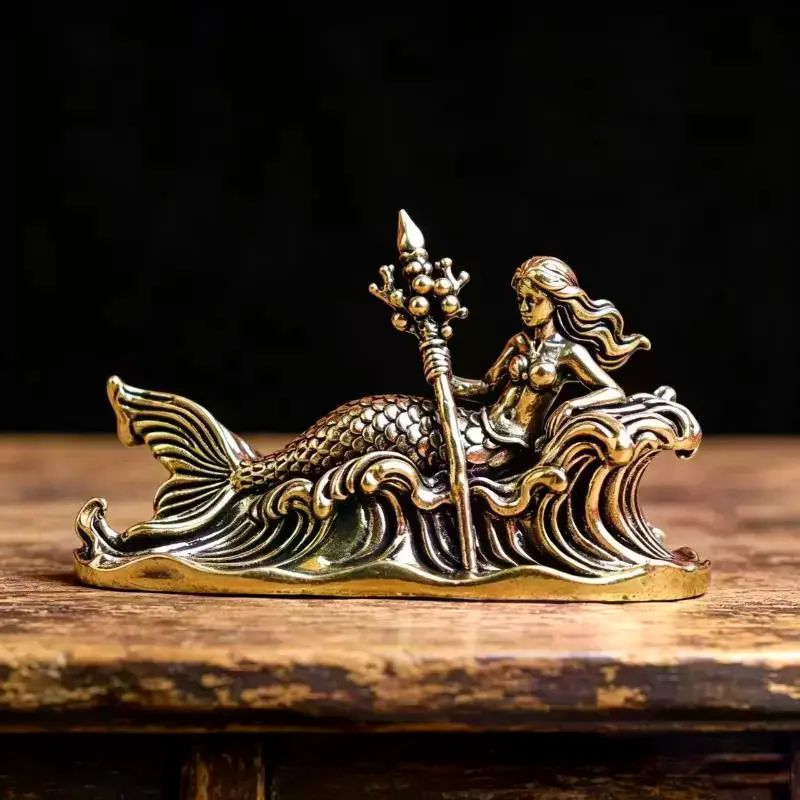 Vintage Metal Mermaid Statue Mini Sea Goddess Figurine Retro Alloy Sculpture Desktop Home Aquarium Decor Ornament