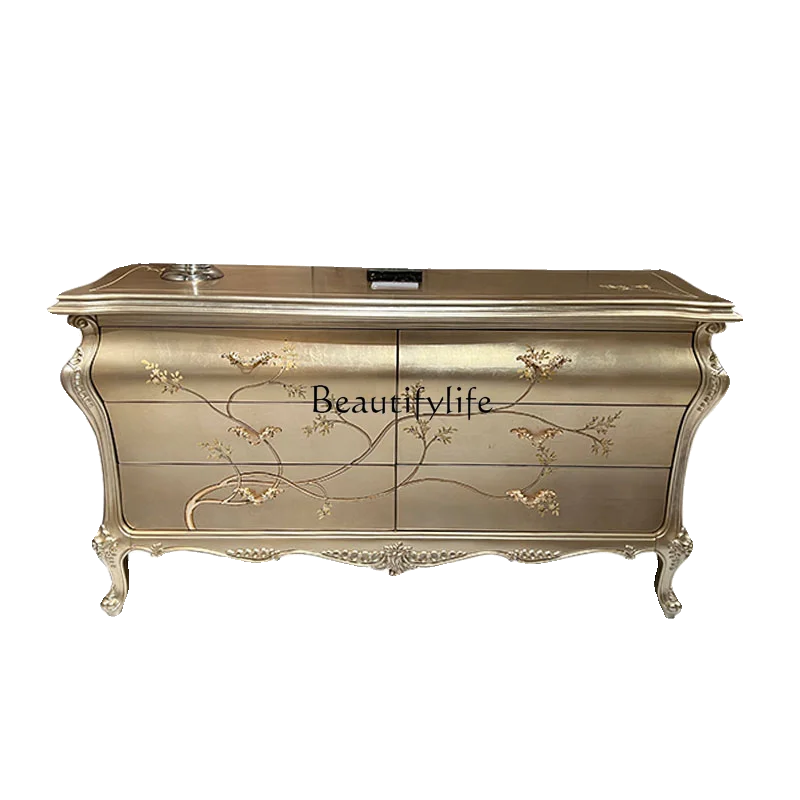 

European solid wood dining side cabinet integrated against the wall French storage advanced entrance cabinet gold foil