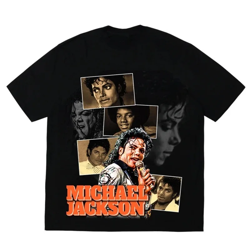 Michael Jackson Portrait & Gold Signature T-Shirt Übergroßes Y2k Baumwoll-Grafik-T-Shirt für Männer und Frauen Streetwear Top Damen- und Herrenbekleidung