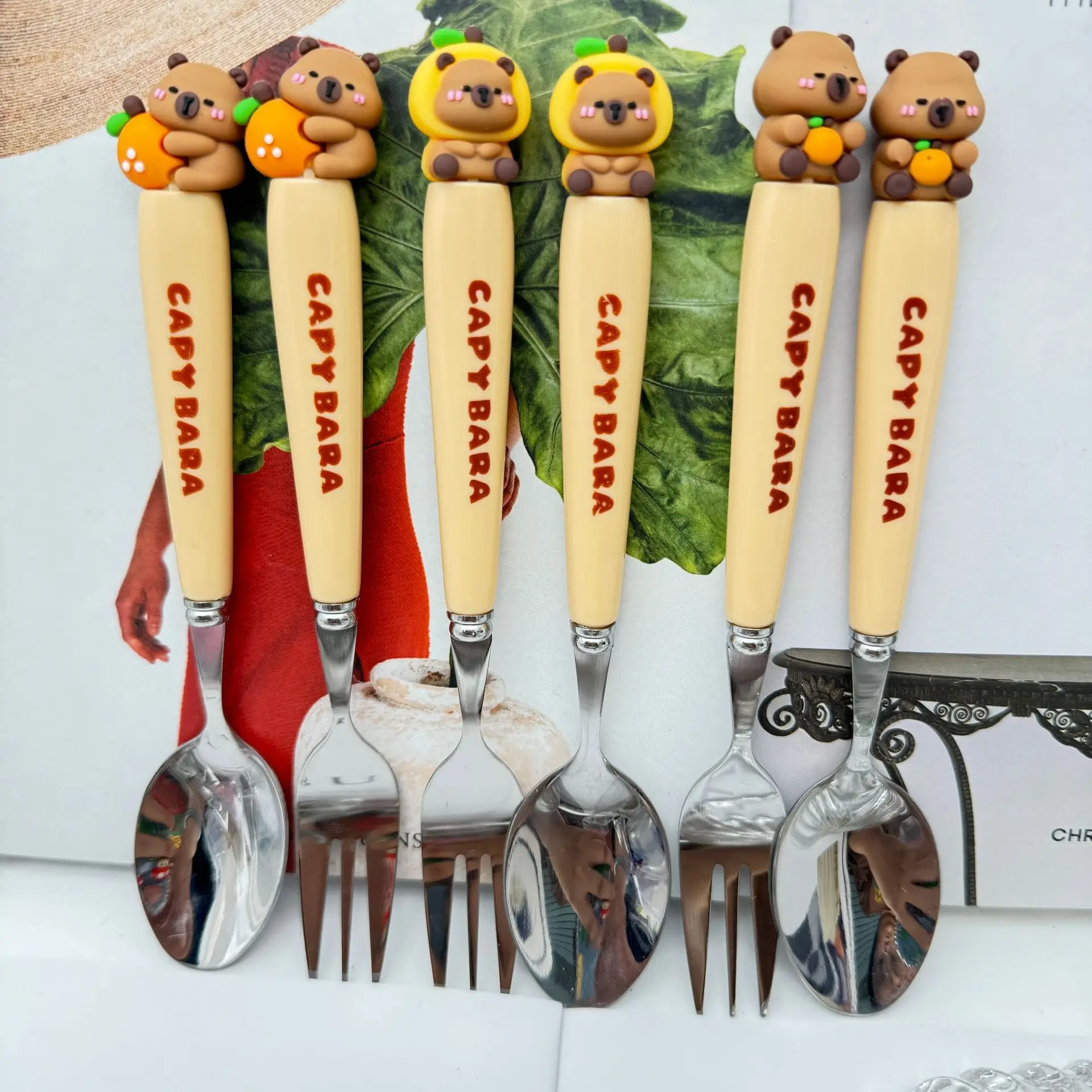Fashion Capybara Stainless Steel Cutlery Set Cartoon Travel Portable Fork Spoon Dinnerware Sets Children Tableware Set School