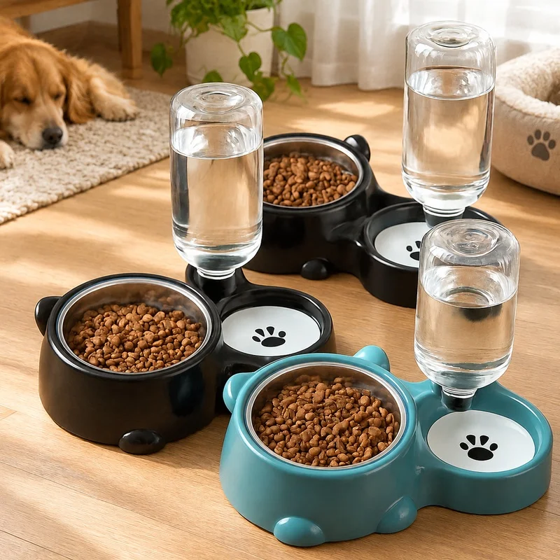 Gravity-Driven Pet Feeder and Waterer for Cats and Dogs, Hands-Free Operation with Tilted Dispenser, Battery-Free Setup