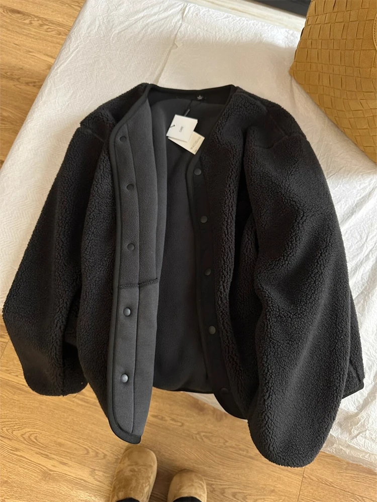 

Bla Lamb Fur Lined Thiened Jaet Men's Winter Double-sided Open Cardigan Sweatirt without Collar Inner Fce Sweatirt