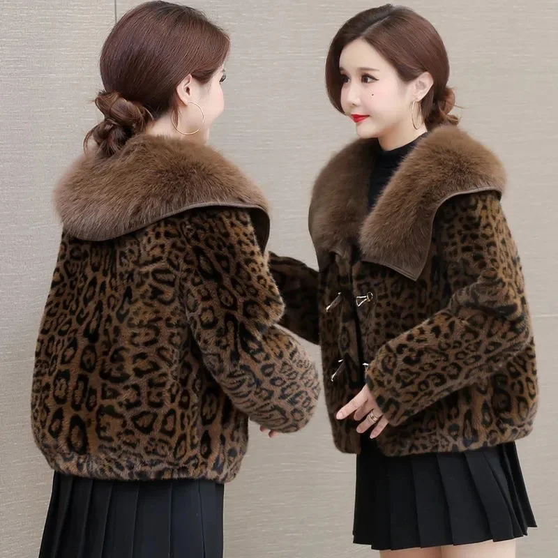 2025 Streetwear Autumn Winter Leopard Fur Coat Women Double-faced Faux Fur Short Jacket Mink Fur Overcoat Female Loose Outerwear
