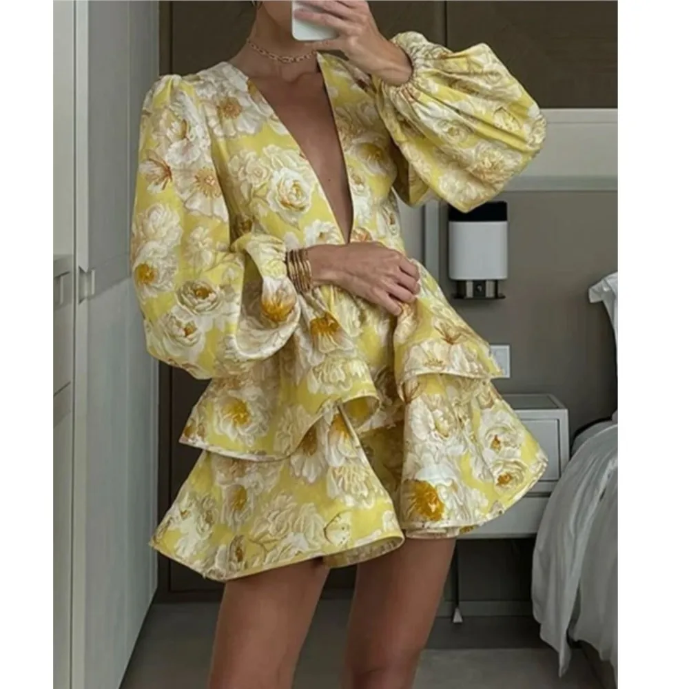 

Элегантные и сексуальные женские платья с глубоким V-образным вырезом и длинными рукавами, модное лоскутное короткое женское вечернее мини-платье с принтом и рюшами