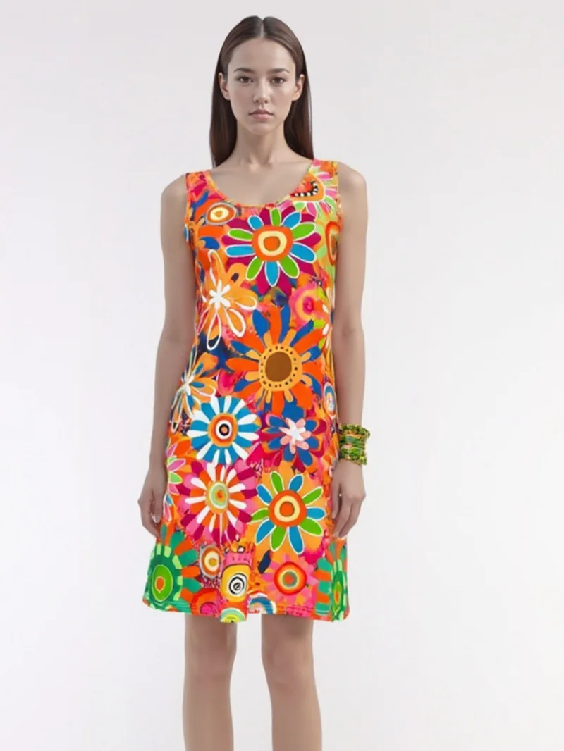 Women's Vibrant Floral Print Sleeveless Dress Spring/Summer Vacation Style Dress Fashion Sweet Womne Tank Mini Dress Tops VMA8