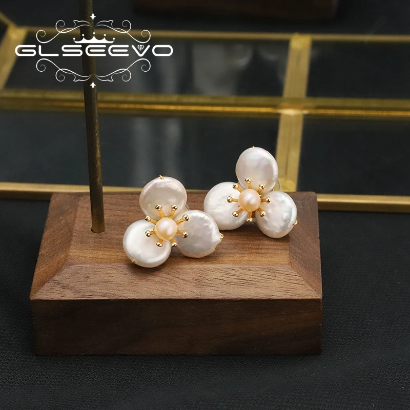 GLSEEVO Petal Natural Freshwater Pearl Stud Earrings Jackets for Woman Retro Vintage DIY Eardrop Wedding Party Fine Jewelry