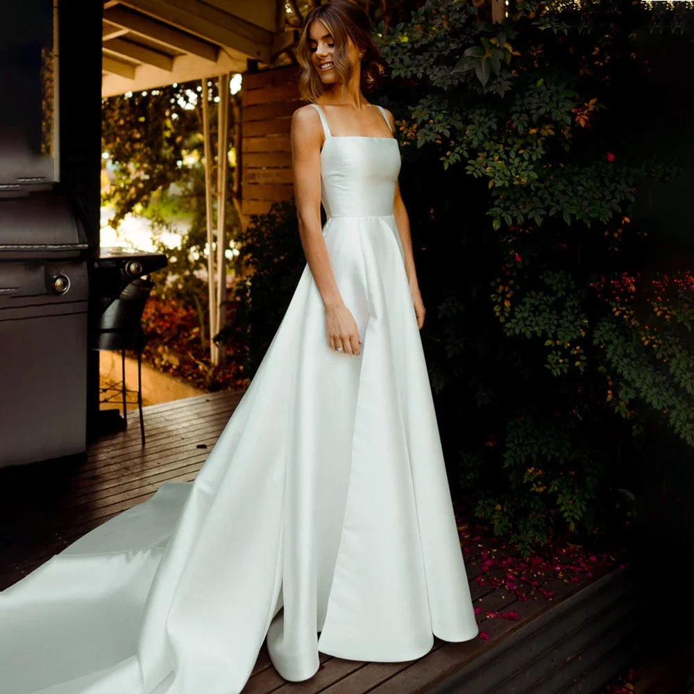 Simple Spaghetti Straps Satin Wedding Dress Bride Sleeveless A-Line Floor Length Side Slit with Sweep Train Backless Gowns