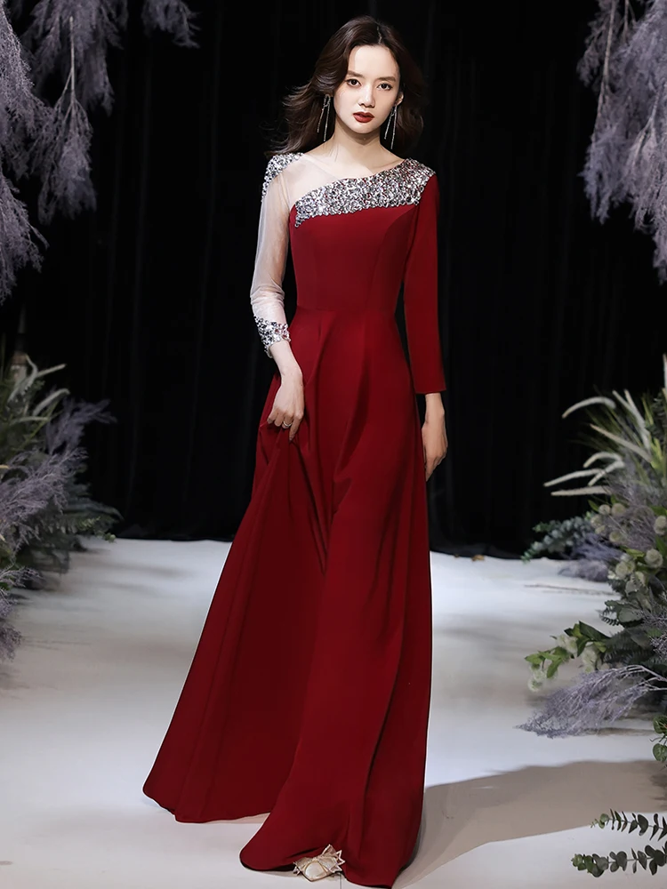 Long Sleeves Evening Dresses Wine Red 2022 Elegant A-Line Floor-Length Spandex Satin Women Formal Gowns With Rhinestones