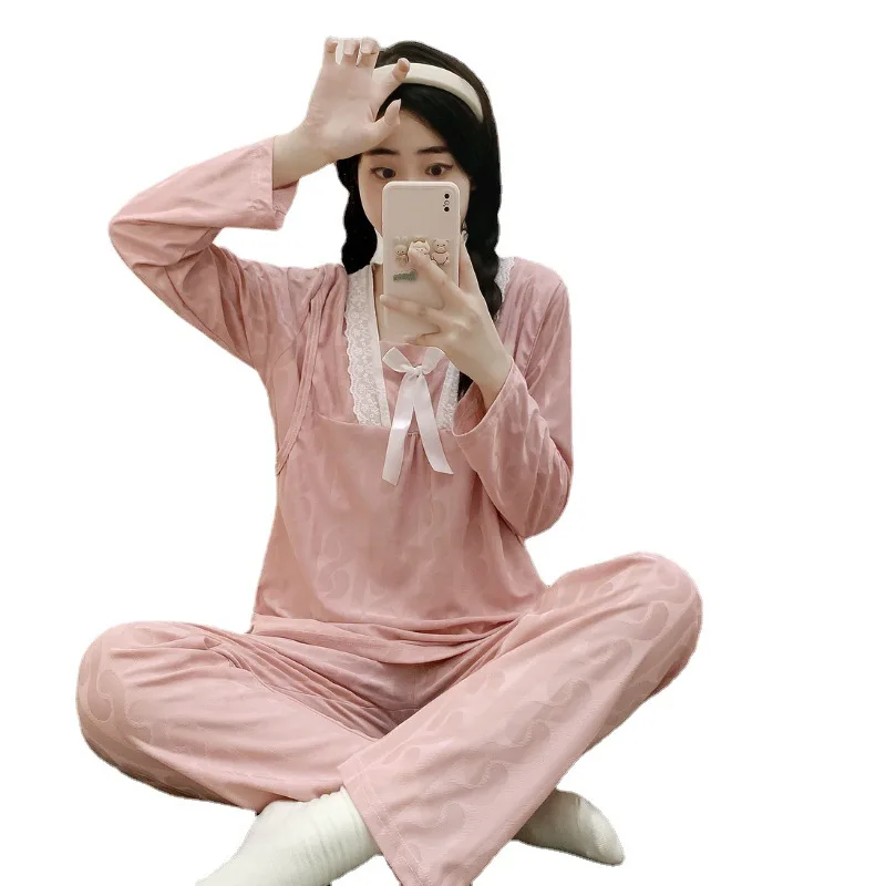 Spring Autumn Pregnant Women\'s Pajamas Set V-Neck Lace Maternity Women Breastfeeding Clothing Suit Long Sleeve Feeding Homewear