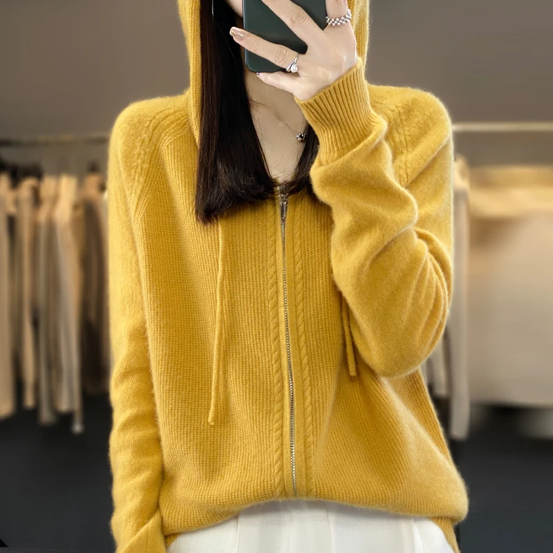 

Autumn And Winter 100% Wool Zipper Hooded Cardigan Women With A Loose Cashmere Sweater Outside The Top Knitting Base JJ118