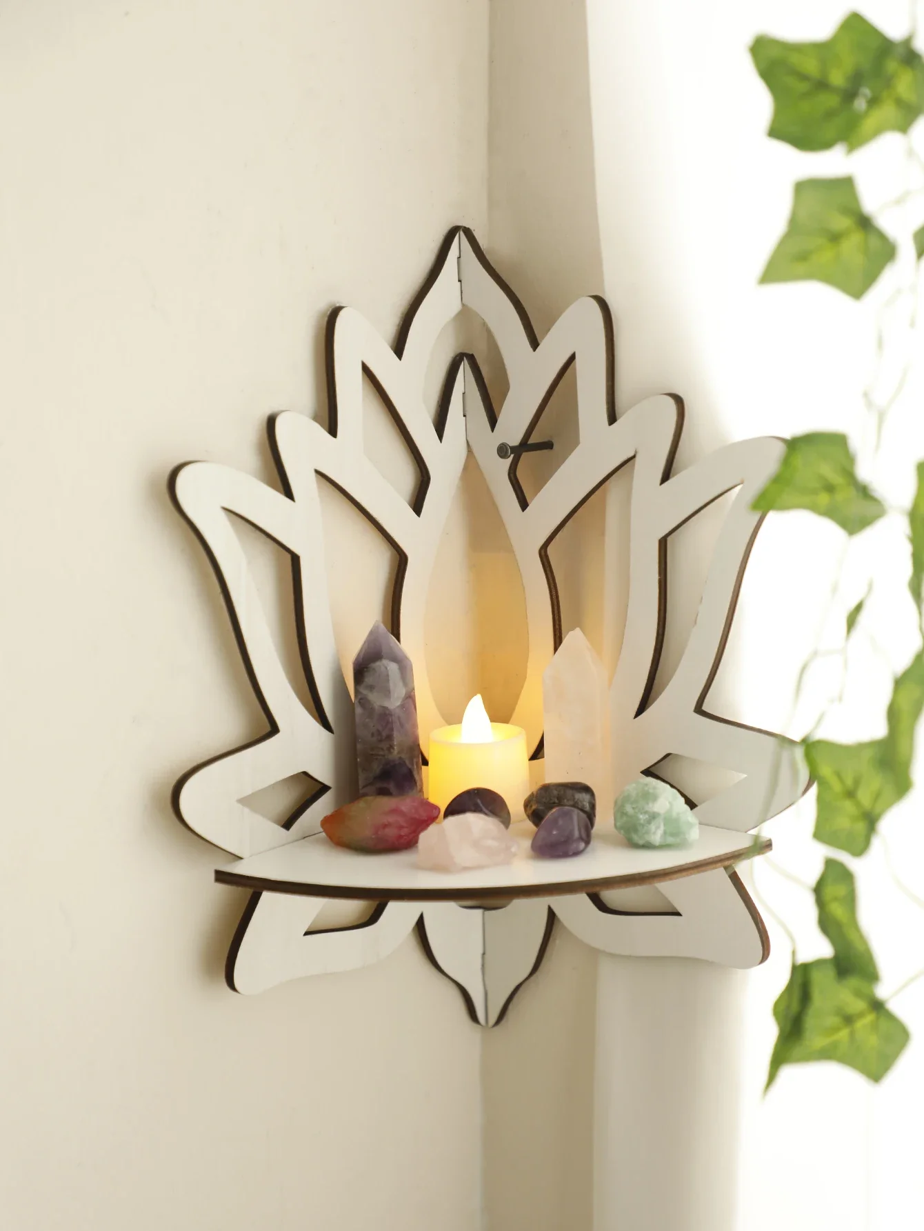 Lotus Crystal Corner Shelf Wall Hanging Crystal Shelf Display White Wooden Wall Shelves Floating Shelf Home Decorations Bedroom