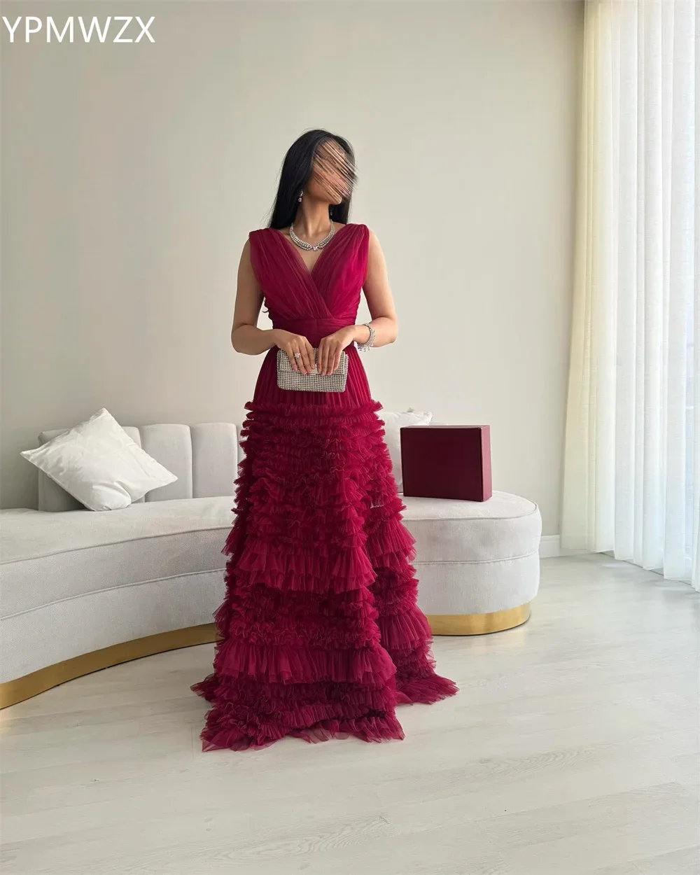 Disesuaikan gaun malam Formal wanita YPMWZX V-neck A-line rok panjang lantai menggantung berlapis tanpa lengan Bespoke acara Dresse