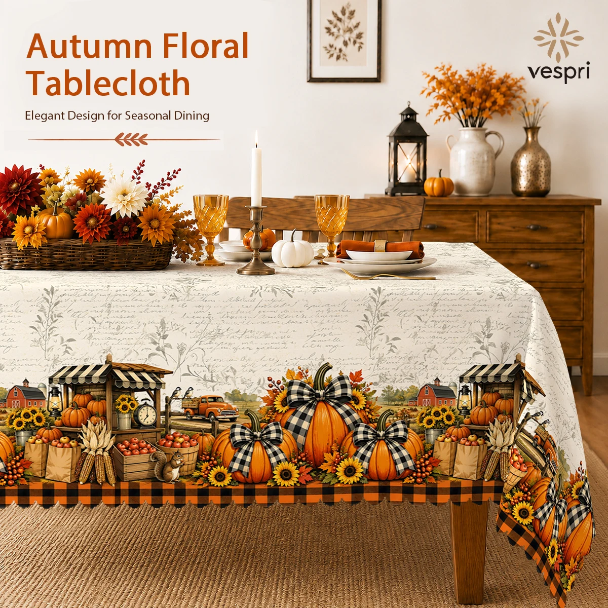 Harvest Tablecloth with Fall Produce & Sunflowers for Indoor/Outdoor Camping decor, Rectangular/Round/Oval