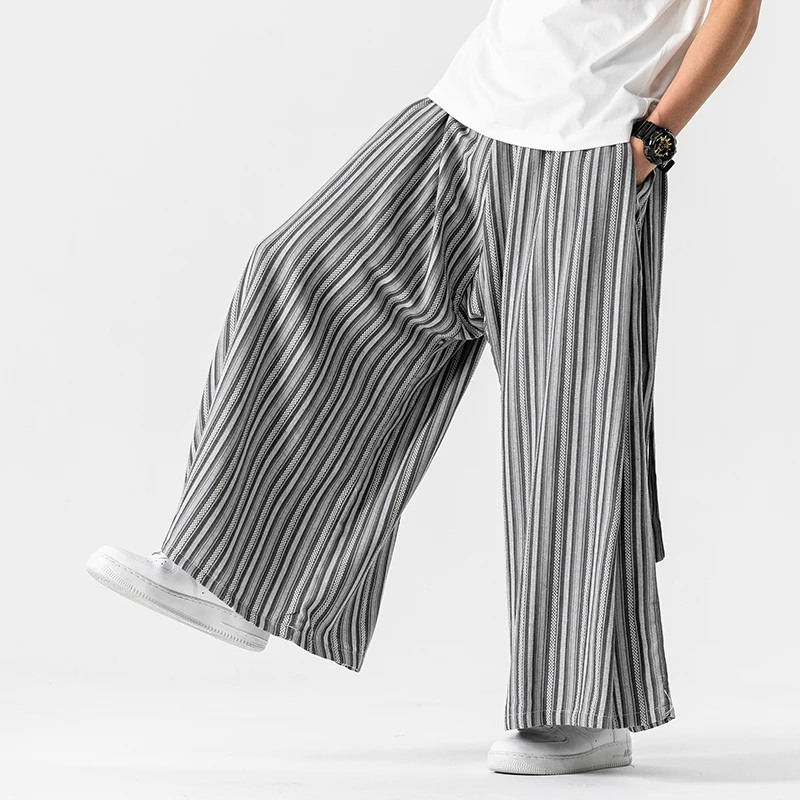 Striped Wide Leg Pants Mens Japanese Styles Cotton Linen Pants Male Retro Fashion Loose Casual Nepal Robe Haori Joggers Trousers