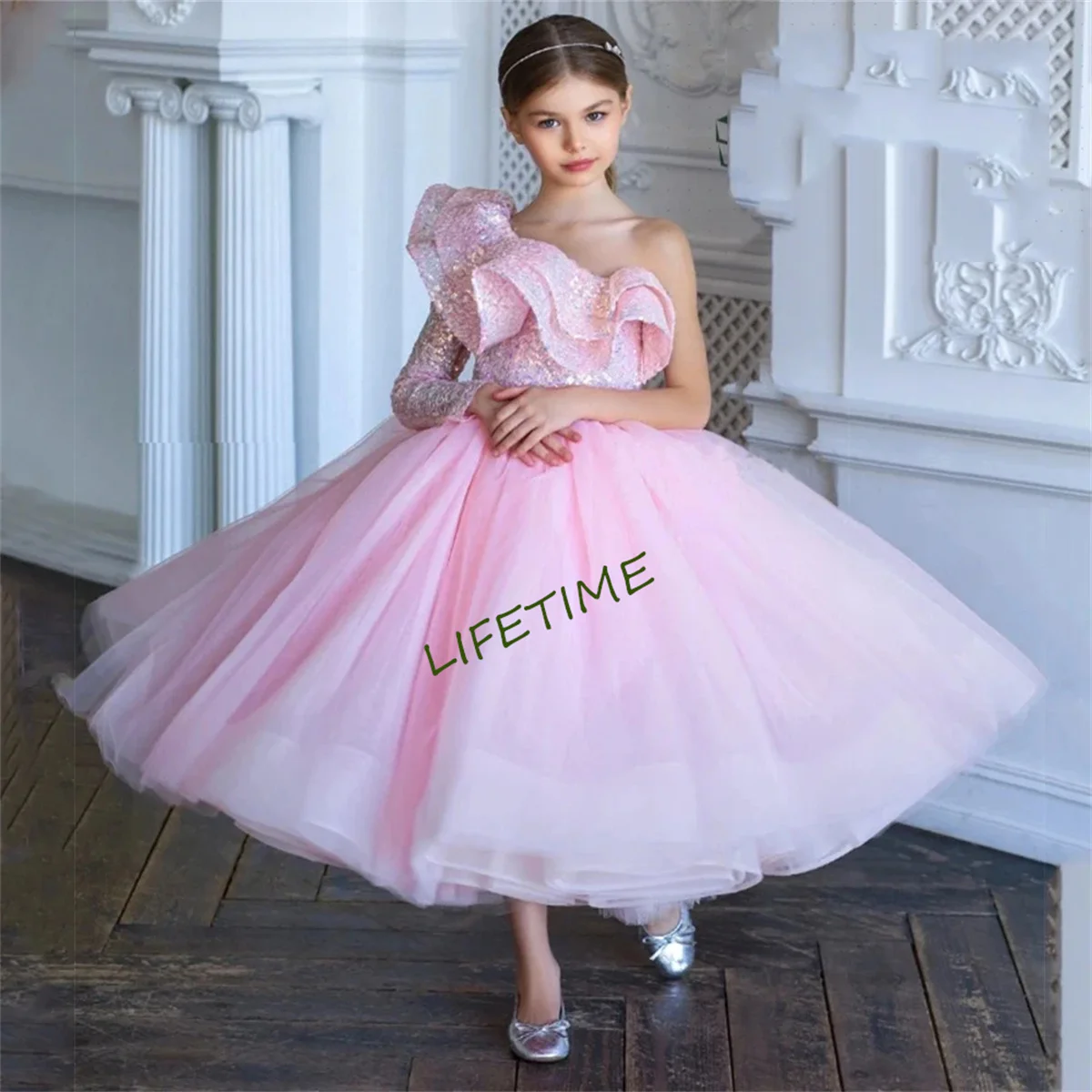 Scoop Full Sleeve Pink Flower Girls Dresses for Women A Line Soft Tulle Ankle Length Christmas Gowns with Sequined 2024 New