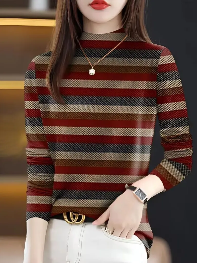 New Spring 2026 Large Size Printed Long Sleeve Women's T-shirt Belly Covering Fashionable Commute Style Milk Fiber High Elast...