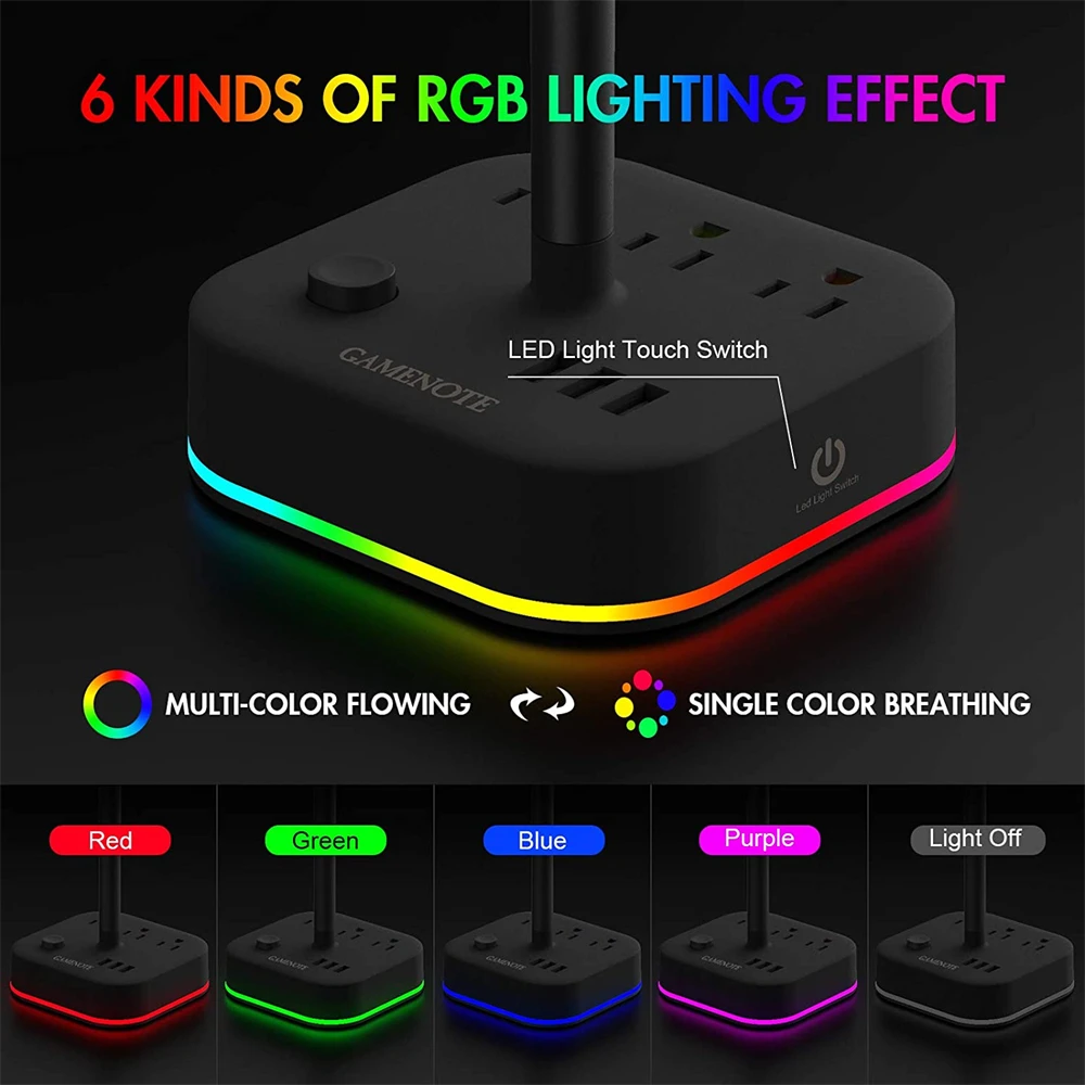 HAVIT RGB Headset Stand with 3 USB Charging Ports and 3 Power Outlets 2 in 1 Desk Gaming Headphone Holder Rack Earphone Hanger